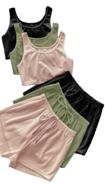 GORGLITTER Summer Outfits for Women 2025 Vacation Beach 6 Pieces Crop Tank Top and Shorts Matching Sets (Medium, Green, Black and Pink)
