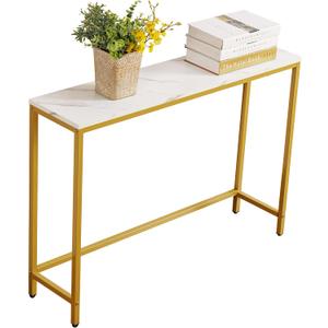 loglus Small Console Table for Entryway, Faux Marble MDF Sofa Table with Golden Frame, Single Layer, White Marble, 9.45" D x 38.19" W x 30" H