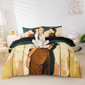 Castle Fairy Western Cowgirl Bedding Set Retro Farmhouse Style Comforter Cover Old Wood Plank Duvet Cover Boys Girls Room Decor Yellow Teal Queen Bedding Collection 3Pcs,No Comforter