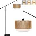 UpgradedArc Floor Lamp for Living Room, Boho Dimmable Swing Arm Floor Lamp with Rattan & Fabric Shades, Black Rattan Standing Lamp with 11W Bulb, Farmhouse Adjustable Tall Lamp for Bedroom Office