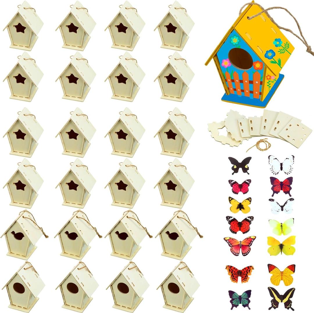 Outus 24 Pcs Wooden DIY Birdhouse Kits for Kids to Build, 4 Shapes Birdhouse Kit Wooden Unfinished with Butterfly Sticker for Boy Girl Arts Crafts(Vintage)