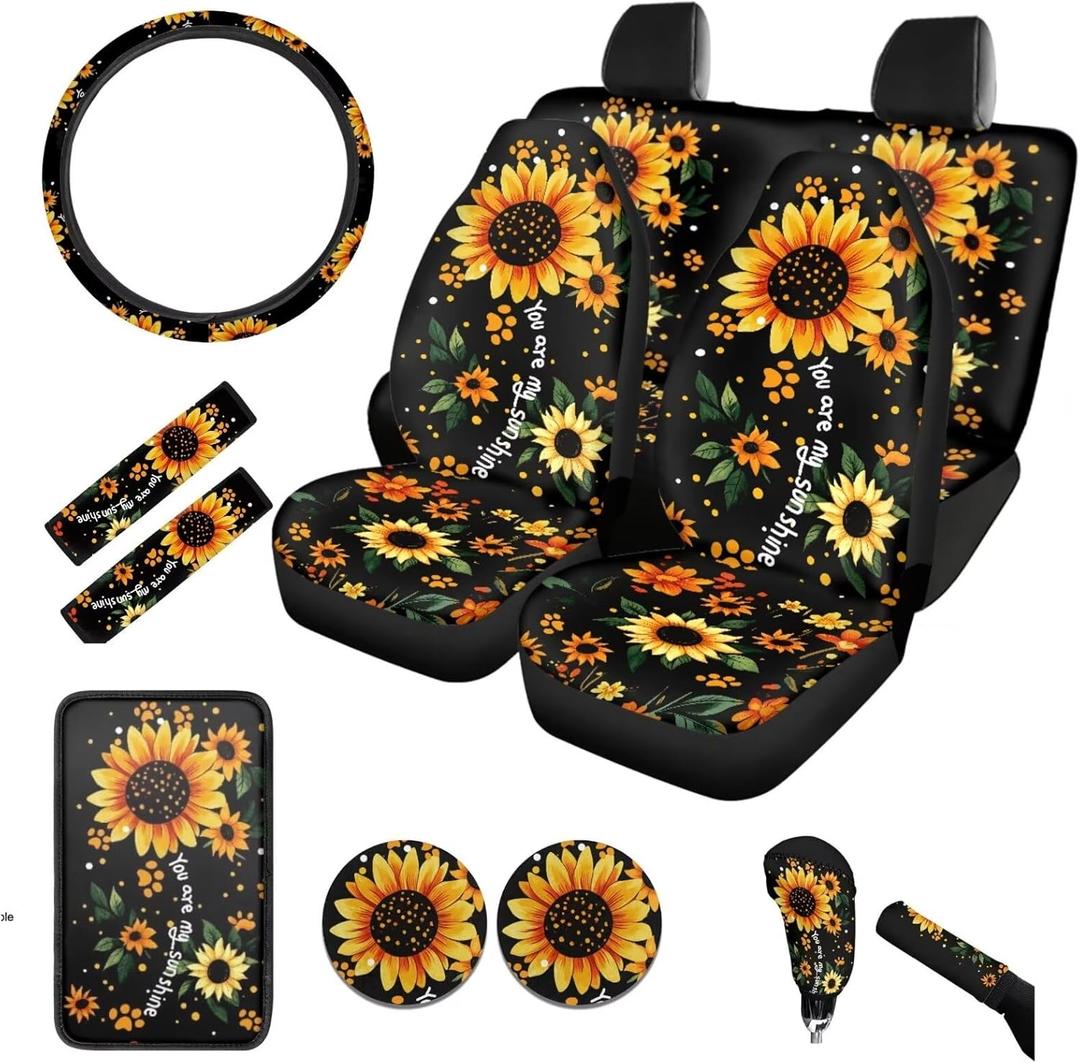 BIGCARJOB Sunshine Sunflower Car Seat Covers Full Set 12 Pcs Cute Dog Paw Print Car Accessories Interior Seat Protector for Womens Seat Belt Cover,Armrest Pads,Cup Holder Coaster