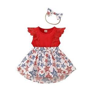 Guodeunh Infant Baby Girl Independence Day Outfit 4th of July Dress Ruffle Lace Romper Sleeveless Top Star Stripe Skirt+Headband (Red, 3-6 Months)