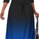 AOMONI Maxi Dress for Women Gradient Casual Long Sundress V Neck 3/4 Sleeves with Belt (Medium, 1-black Blue)
