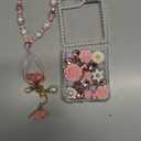 for Samsung Galaxy Z Flip 5 Glitter Bling Case,Cute Luxury 3D Crystal Rhinestone Diamond Flowers Sparkle Stunning Stones Pearl with Wrist Strap Women Girls Case for Galaxy Z Flip 5 5G (Pink)