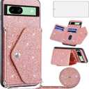 Asuwish Phone Case for Google Pixel 8A 5G Wallet Cover with Tempered Glass Screen Protector and Crossbody Strap Lanyard Bling Glitter Credit Card Holder Cell Accessories Pixel8A A8 Girls Rose Gold