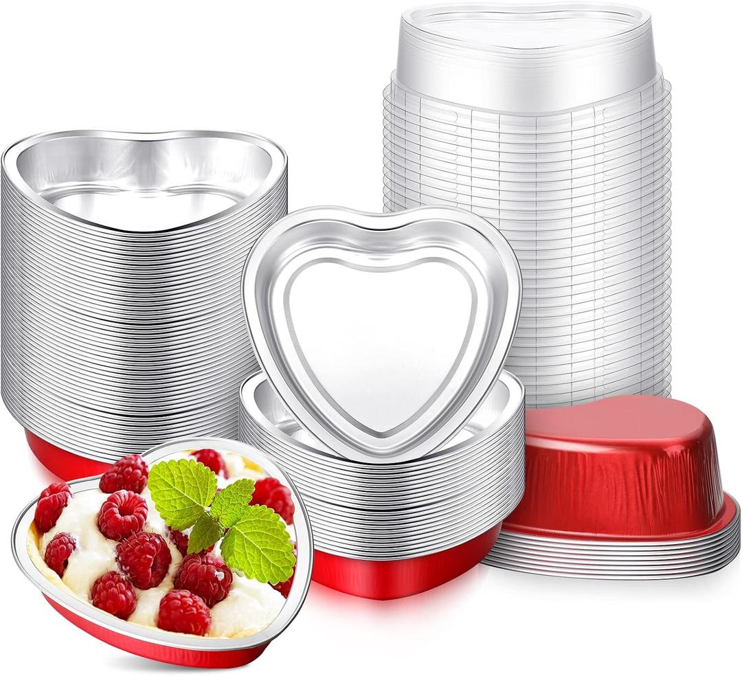 Yinkin 50 Set 9 oz Heart Shaped Aluminum Cake Pan with Lid Disposable Heart Foil Tin Pans Cupcake Liners Muffin Tins for Mother's Day Wedding Bridal Shower Baking Supplies (Red)