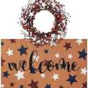 Tingjoo 2 Pcs 4th of July Coir Door Mat and Patriotic Wreath for Front Door Star Welcome Doormat Red White Blue Star Berry Wreath Independence Day Decorations for Americana Porch Decor
