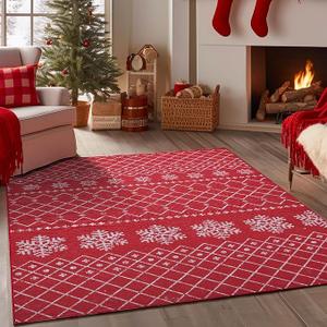 Snowflake Christmas Area Rug 8x10 Red for Living Room Indoor Washable Rug Xmas Non-Slipping Kitchen Rug Moroccan Alfombra Holiday Decor Geometric Soft Thin Carpet Bathroom Bedroom Dining Room