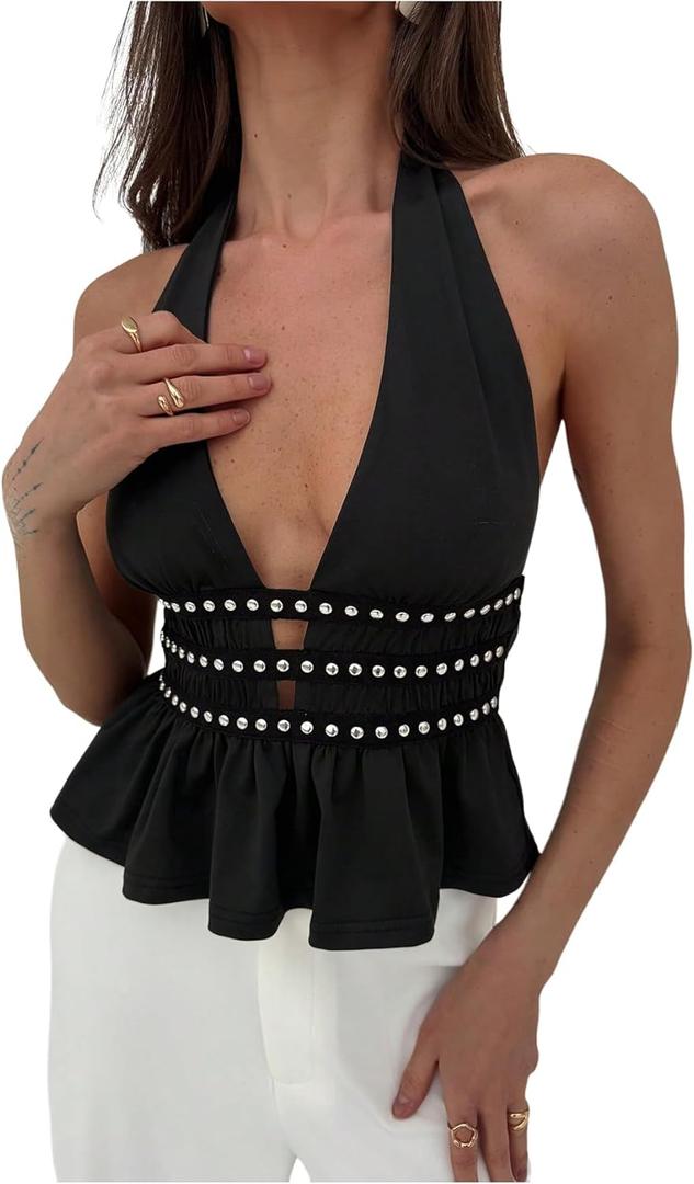 MakeMeChic Women's Metal Halter Tops Open Back Ruffle Hem Sleeveless Tank Clubwear (Medium, Black)