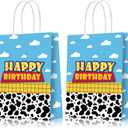 16 Pcs Cartoon Story Birthday Party Favor Bags, Cow Pattern Birthday Goodie Treat Bags Party Supplies, Blue Sky White Cloud Kraft Paper Candy Gift Bags with Handle for Kids Birthday Party Decorations