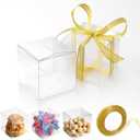 SHENLIU 200 Pack Clear Favor Boxes with Ribbons, 2 x 2 x 2Inches Mini Transparent Cube Treat Boxes Small Candy Containers Plastic Gift Box for Macaron, Wedding, Baby Shower, Birthday, Party Favors