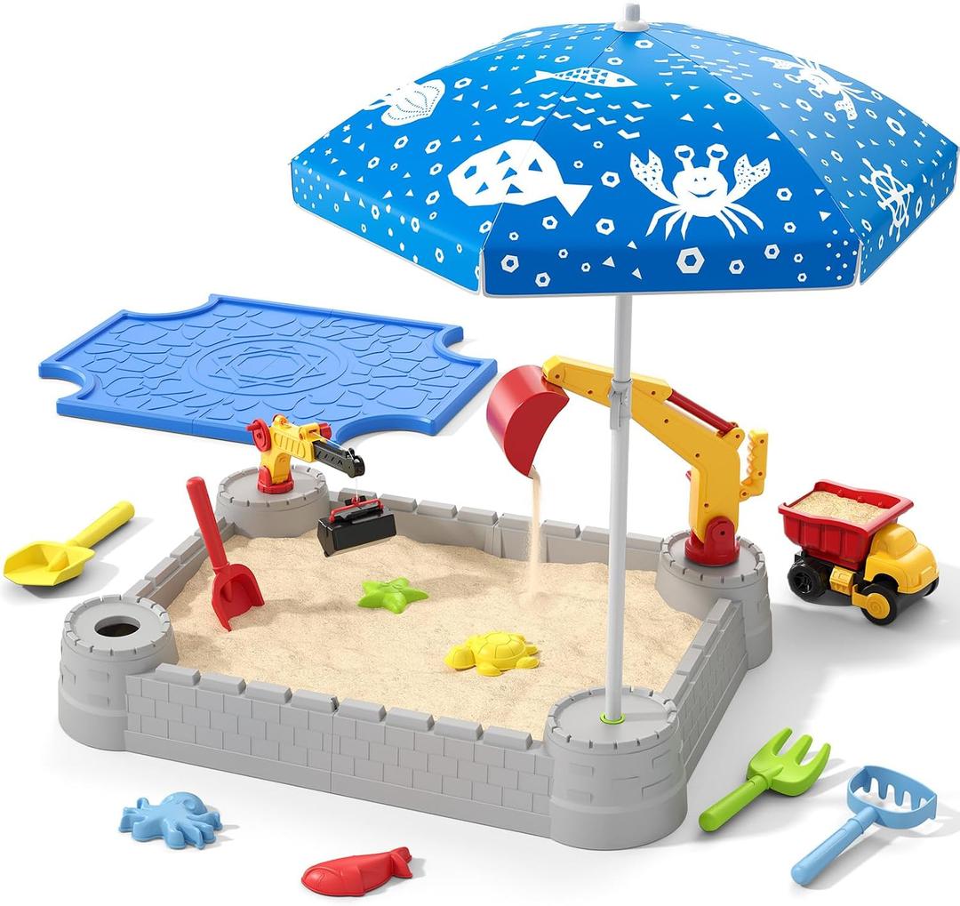HYES Sandbox with Lid, Digger Excavator Plastic Sand Box with Cover, Play Sand Pit with Construction Toys/Umbrella/Beach Playset for Toddlers 1-3, Indoor Outdoor Sensory Gift for Kids Ages 4-8
