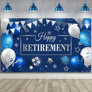 Blulu Retirement Party Decorations, Extra Large Fabric Retire Sign Banner Photo Booth Backdrop Background with Rope for Retirement Party Favor(72.8 x 43.3 Inches,Blue and Silver)