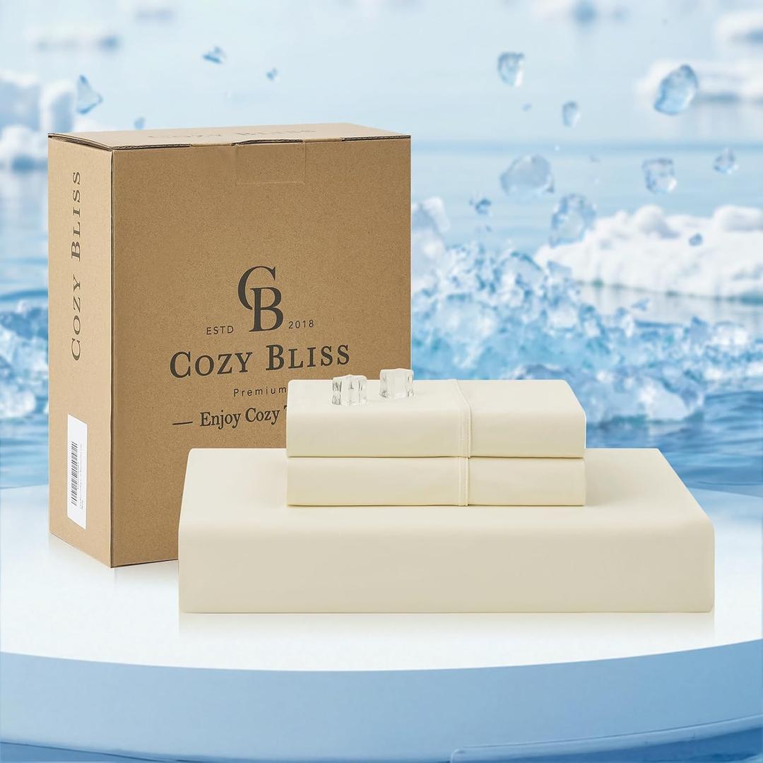 Cozy Bliss Premium Cooling Sheet Set King Size, Q-Max>0.4, 3PCS No Flat Sheet with 2 Pillowcases, Breathable Fitted Sheet for Hot Sleepers & Night Sweats, Deep Pocket Up to 15 Inches, Cream White