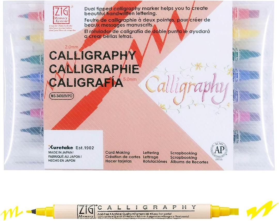 Kuretake Zig Calligraphy Dual Tip Marker Pens, 7 colors and Blender set, 2mm, 5mm, Double Tip, for Art, Sketch, illustration, Calligraphy, Journal, Drawing, Made in Japan