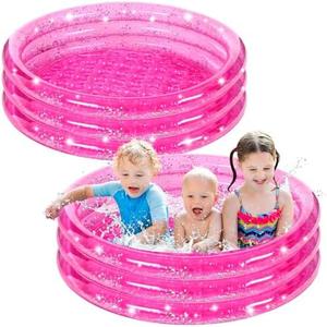 2 Pack Inflatable Kiddie Pool for Kids 47 Inch Round 3 Rings Plastic Blow up Pool with Silver Glitter Cushioned Bottom Small Toddler for Backyard Garden,Pink