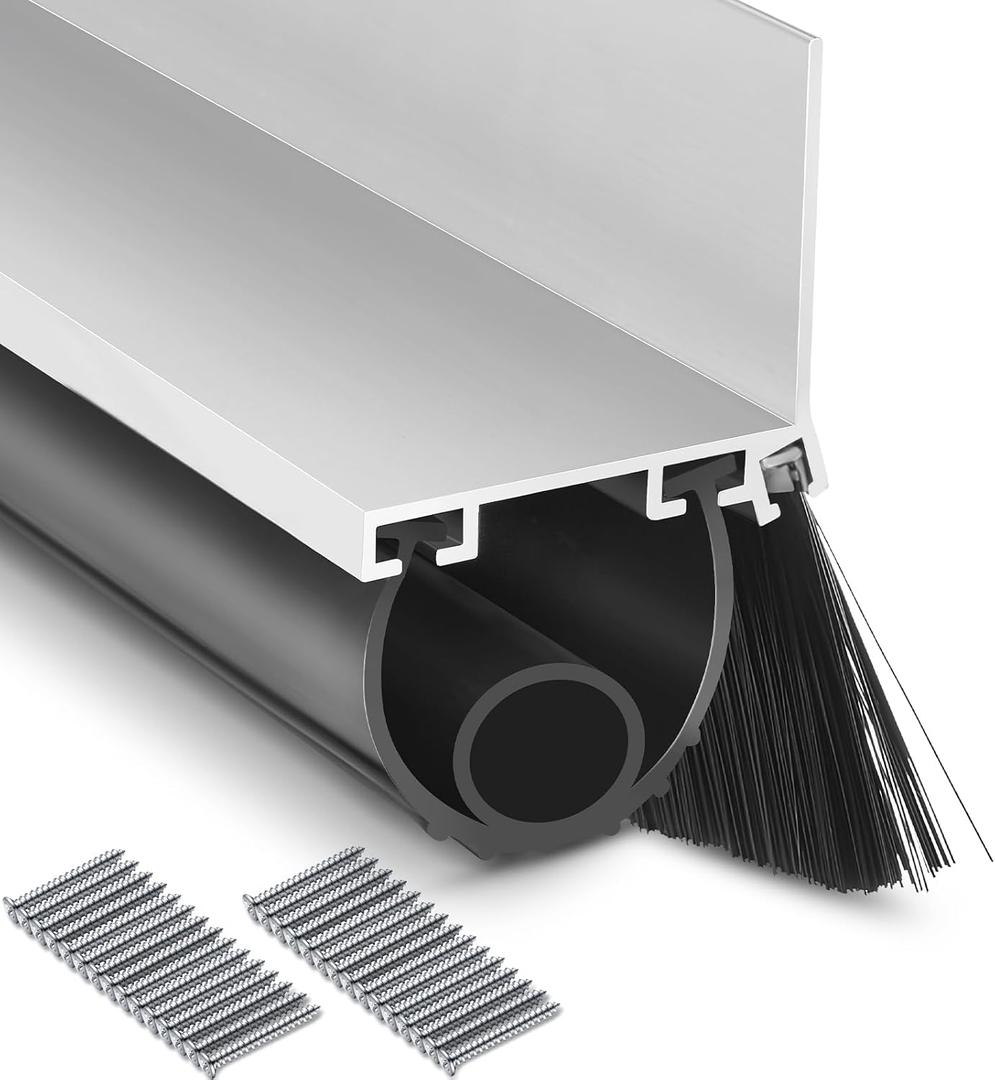 Zonon 16.5 ft Universal Garage Door Seal Bottom Kit Weatherproofing Door Weather Stripping Rubber Kit with Aluminum Track Retainer Base and Brush Heavy Duty(u and O Shape, with 5 Brush Strips)
