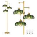 Glass Floor Lamp for Living Room,Bedroom,Mid Century Modern Standing Lamp Brass Tree 3 Light Tall Floor Lamps Vintage Retro Floor Lights Gold Green Flower Lamp Shade Farmhouse Boho Bohemian