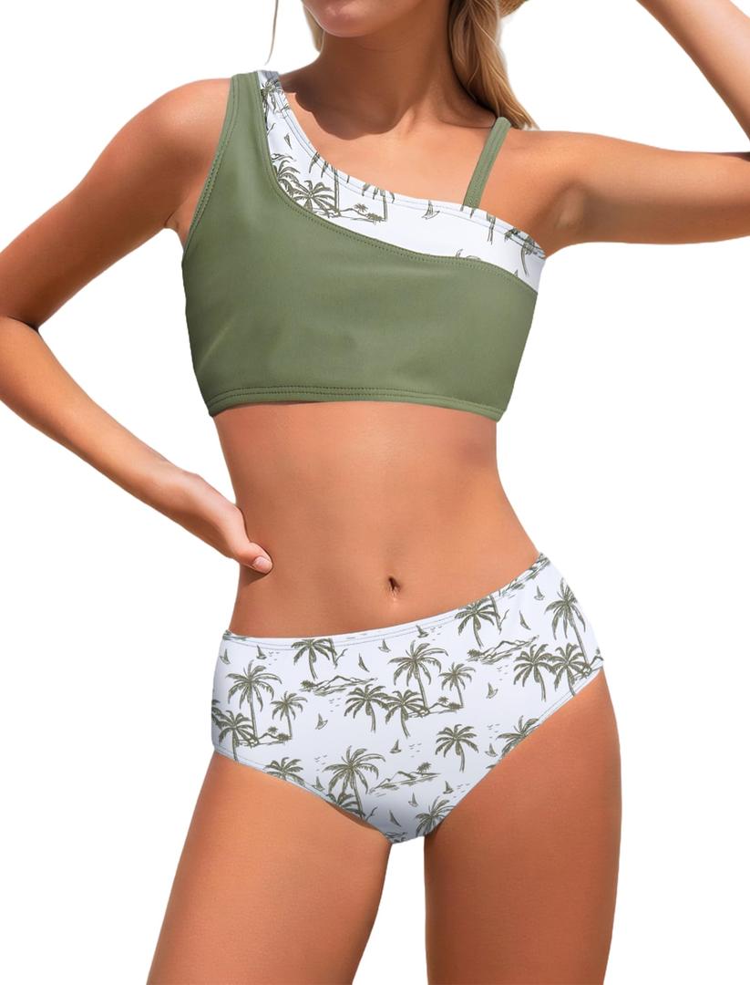 JiAmy Swimsuit for Girls 3 Piece Tropical Print Swimwear with Cover Up Skirt Adjustable Spaghetti Strap Bikini 9-16 Y Green