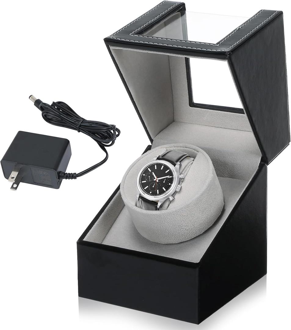 MAOPINER Single Automatic Watch Winder Box, Black Leather Watch Winding Box for Men and Women, Battery Powered Watch Shaker and Display Case for Automatic Watches