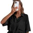 Falainetee Women's Pocket Half Sleeve Button Front Summer Oversized Crop Blouse Tops Black XL