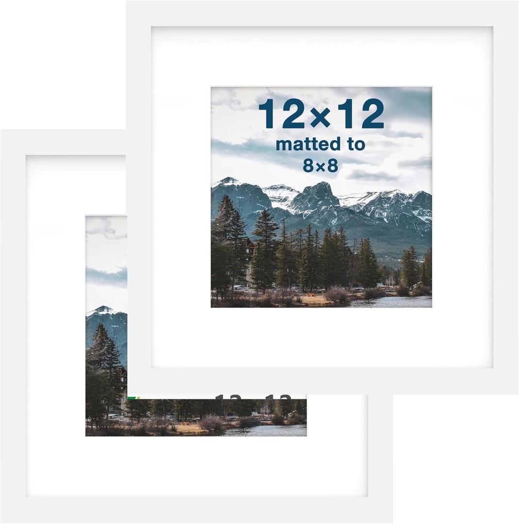 FrameWorks 2-Pack, 12x12 Matted to 8x8 Picture Frame, White  Classic Wooden Photo Frame with Tempered Glass, Modern Matte Finish for Prints, Posters, Certificates & Wall Decor  Gallery-Ready