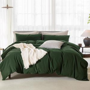 Cooling King Duvet Cover Set 3 Pieces-100% Washed Cotton Linen Like Textured Ultra Soft Cozy Bedding with Zipper Closure, 1 Duvet Cover & 2 Pillow Shams(Forest Green, King 104"x90")