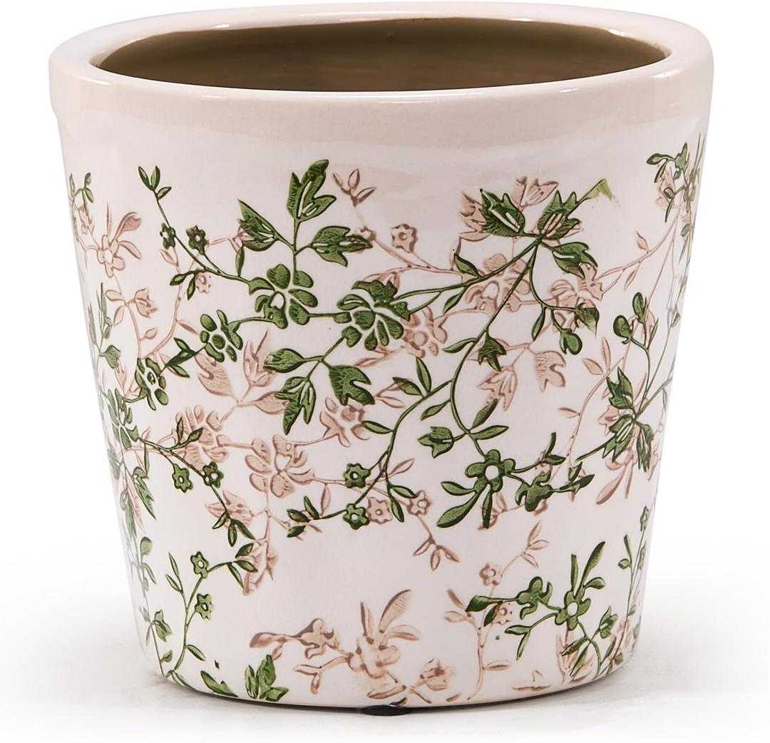 Teweiqi Ceramic Planter with Drainage Hole, Plastic Tray & Mesh, 6 Inch - Indoor/Outdoor Flower Pot for Orchids, Succulents, Green Floral Modern Farmhouse Dcor for Home,Office and Garden, Ideal Gift