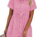 GRAPENT Denim Dress for Women Babydoll Tiered Short Sleeve Button Down Jean Shirt Dresses, Pink, Size 12