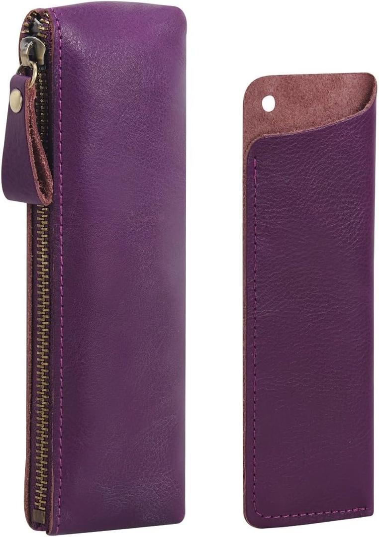 WONDERPOOL Pen Case 2pcs Genuine Leather Pencil Markers Holder Fountain Pen Drawings Pouch Portable Compact Stationery Bag for School Office Travel Organizer (Purple)