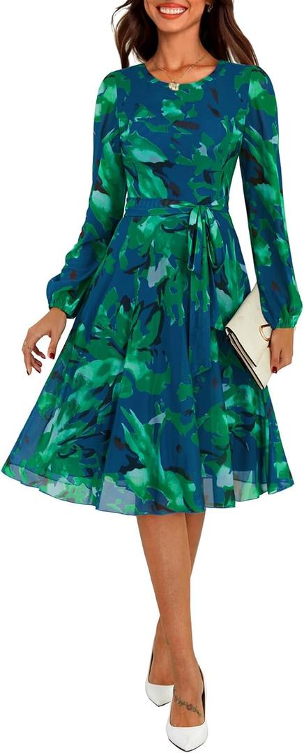 Zattcas Women's 2026 Spring Mesh Long Sleeve Floral Midi Dress Crew Neck A Line Flowy Cocktail Party Wedding Guest Dress, Size S (Green)