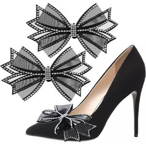 2 Pcs Black Shoe Clips for Women Dress Shoes, Mesh Bow Rhinestone High Heel Shoe Clips Buckle Detachable Bow Heels Clothing Accessories for Women Girls Wedding Party Prom