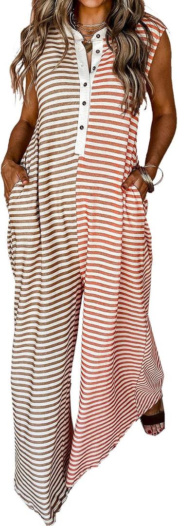 Womens Striped Sleeveless Jumpsuit Button Down Wide Leg Jumpsuit One Piece Rompers with Pockets (X-Large, Apricot)