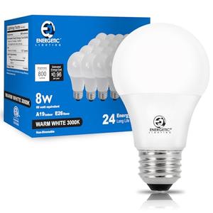 Energetic Light Bulbs 60 Watt Equivalent, A19 Warm White LED Light Bulbs, 15000 Hrs E26 Base, 8.5W, 800LM, 3000K Light Bulb, ETL Listed, Non-Dimmable, 20 Pack
