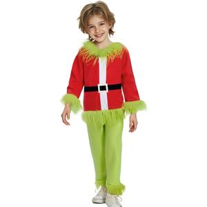 Kids Boys Girls Christmas Santa Cosplay Costume Green Monster Hooded Santa Claus Furry Suit Xmas Funny Clothes Set (4-5 Years)