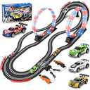 2-in-1 Slot Car Race Track Set with 4 High-Speed Cars, Electric Track, Dual Racing Game with 2 Controllers, Circular Overpass Design Featuring Flash Tracks. Toy Gift for Boys Kids Ages 4-6 6-8 8-12