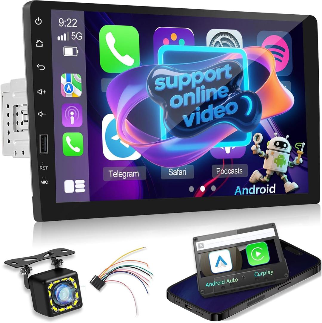 9 inch Single Din Car Radio with Wireless Carplay & Android Auto, 1 Din Touchscreen Car Stereo Bluetooth, Mirror Link, FM Radio, SWC/USB/DSP, Online Video, Backup Camera