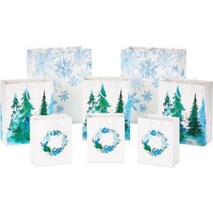 Hallmark Christmas Gift Bags - White with Wreaths, Snowflakes and Trees (8 Recyclable Bags: 3 Small 6", 3 Medium 9", 2 Large 13") for Holiday Parties, Hanukkah, Winter Weddings