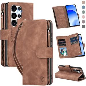 for Samsung Galaxy S26-Ultra-Wallet Case: with RFID Blocking Card Slots (6 Cards) | Soft PU Leather Magnetic Snap Zipper Pocket | Crossbody Wrist Strap Protective Phone Cover - Brown