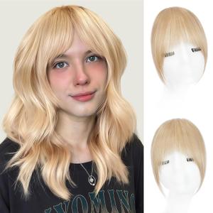 EINAEY Clip in Bangs, 100% Real Human Hair Butter Blonde Fake Bangs Hairpieces for Women Fringe with Temples French Bangs Clip in Hair Extensions for Daily Wear