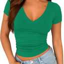 ForeFair Women's V Neck Going Out Tops Double Lined Short Sleeve Ruched Slim Fitted Shirts Basic Tee (Medium, Green)