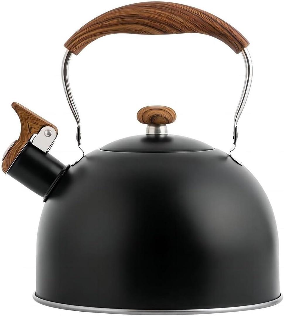 Tea Kettle for Stove Top, 2.5 Quart Whistling Tea Kettle, Food Grade Stainless Steel Tea Pot Stovetop with Wood Pattern Folding Handle for All Stovetops (Matte Black)