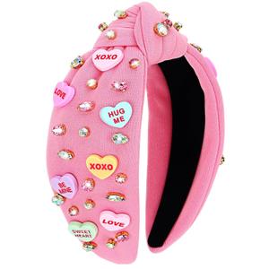 Valentines Day Headband, Love Heart XOXO Headband for Women, Valentine Rhinestone Crystal Knotted Wide Hairband for Birthday, Engagement, Anniversary Hair Accessories (Pink) (1 Count (Pack of 1))