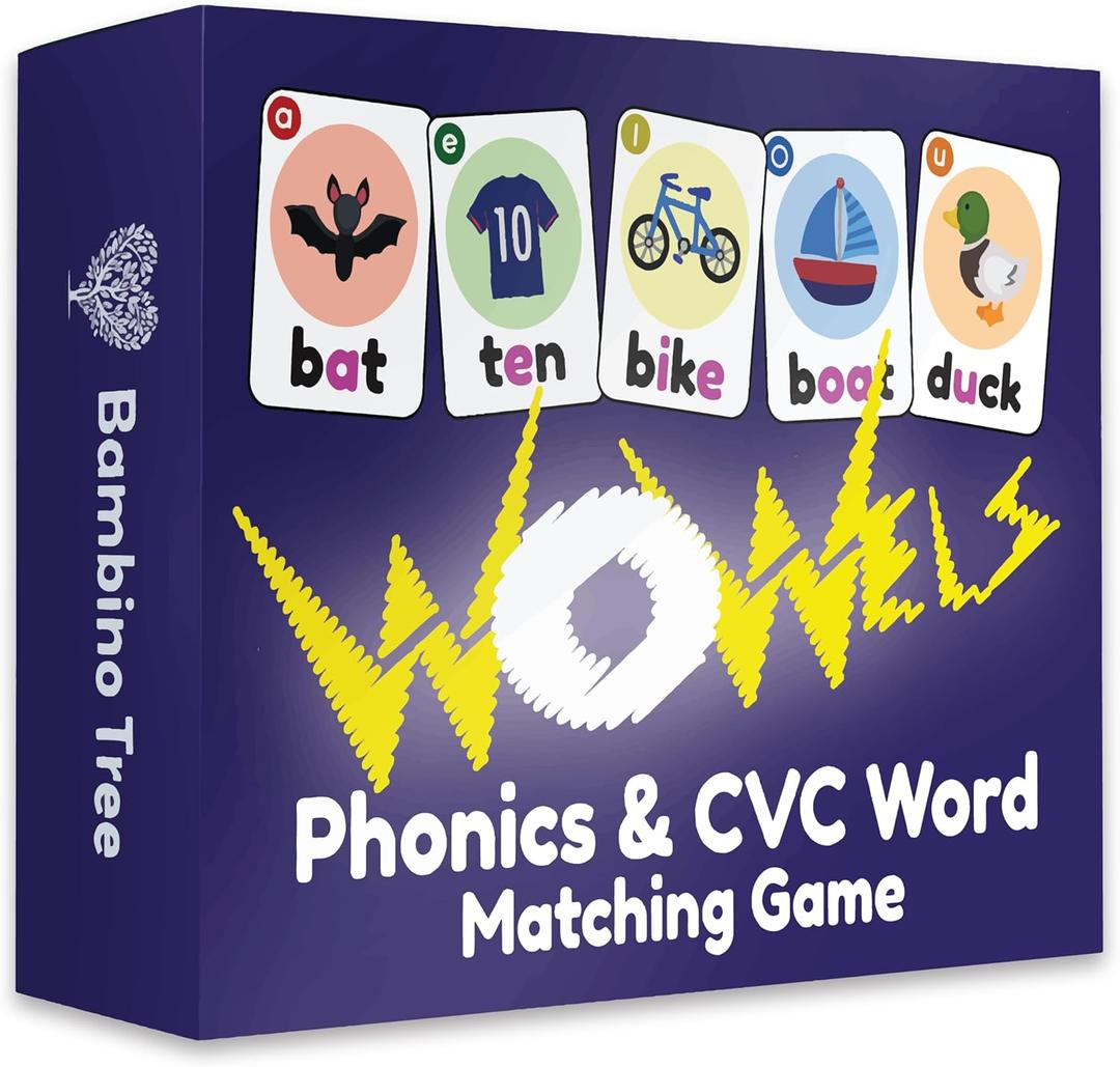 THE BAMBINO TREE WOWELs Phonics and Vowel Sounds Card Game - Learn to Read Kindergarten 1st 2nd Grade Learning - Short Vowel CVC Words and Long Vowel Matching Game 2-8 Players