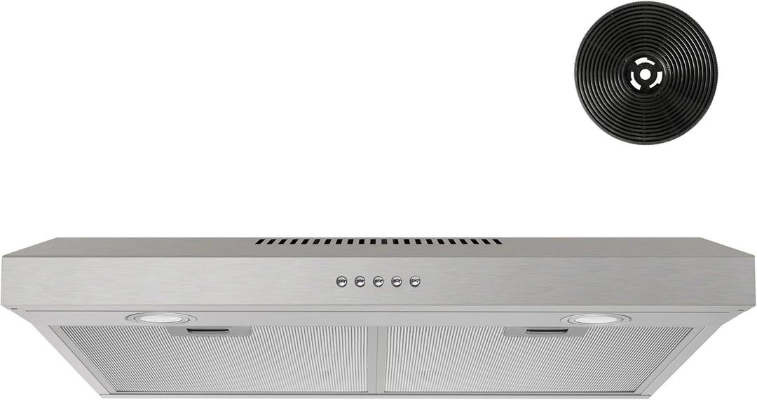 FIREGAS Under Cabinet Range Hood 30 inch with Brushless DC Motor, LED Light, 3 Speed Exhaust Fan, Reusable Aluminum Filters, Push Button,Stainless Steel Range Hood,with Charcoal Filter