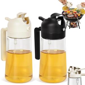 CJT 2Pcs Olive Oil Dispenser,2 in 1 Oil Sprayer for Cooking 16oz/470ml Glass Oil Bottle for Cooking, Frying, Salad, and BBQ (Black & White)
