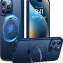 TORRAS Magnetic Ostand for iPhone 15 Pro Max Case, [Military Grade Drop Tested] [Compatible with MagSafe][Build-in Kickstand] Translucent Slim Soft Edge Anti-Fingerprint 6.7" 2023, Blue Titanium