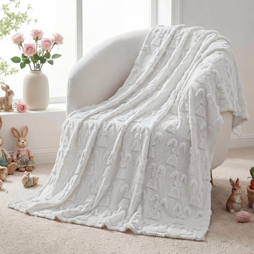 Tudomro Bunny Throw Blanket 50x60 Inch 3D Embroidered Bunny Throws Cozy Soft Rabbit Blanket for Sofa Couch Bed Sofa Home Decor, Birthday Gifts(1 Pack,