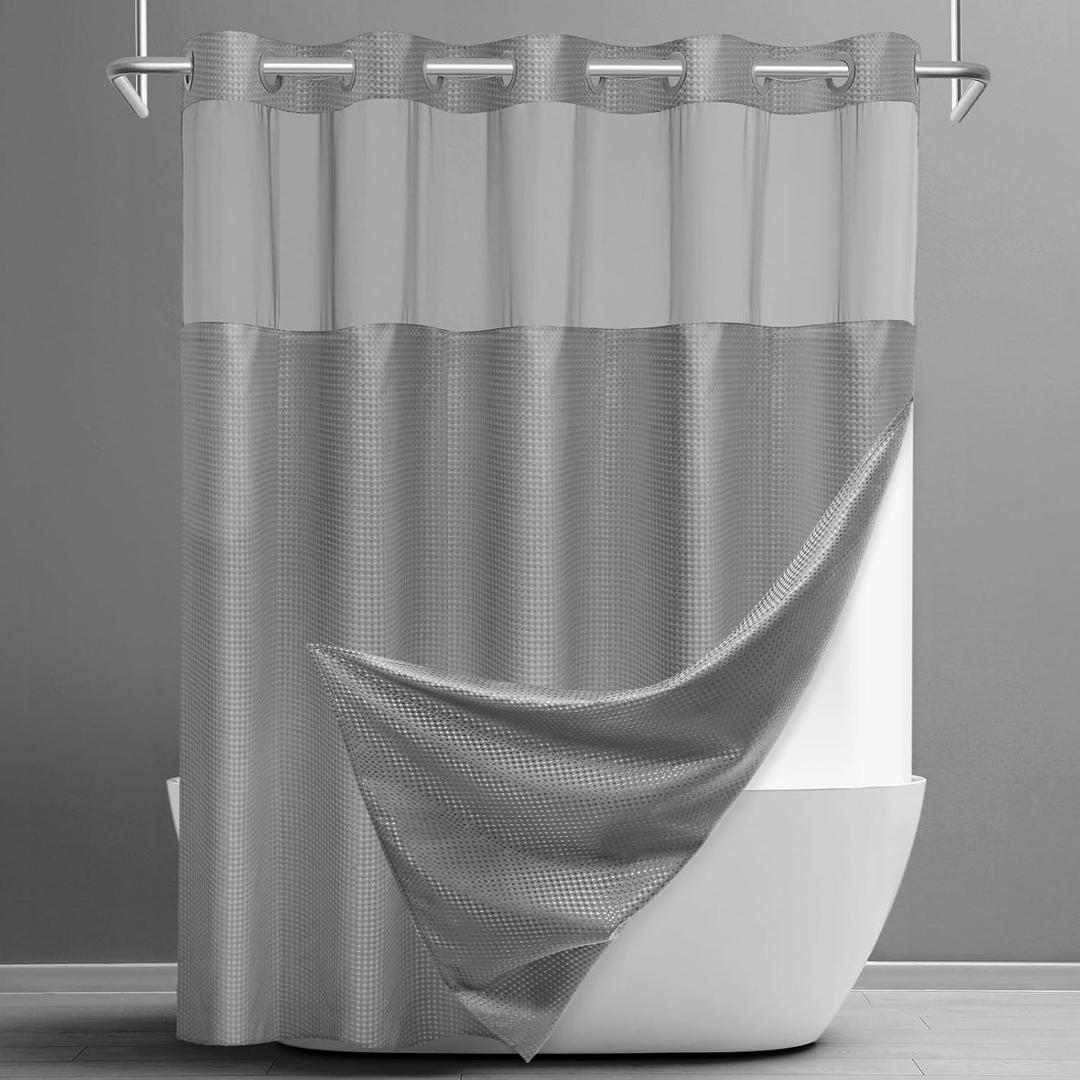 No Hook Shower Curtain with Snap in Liner Set Waffle Shower Curtain for Bathroom Hotel Style Fabric Waterproof Inner Liner, 71" W x 74" H, Grey